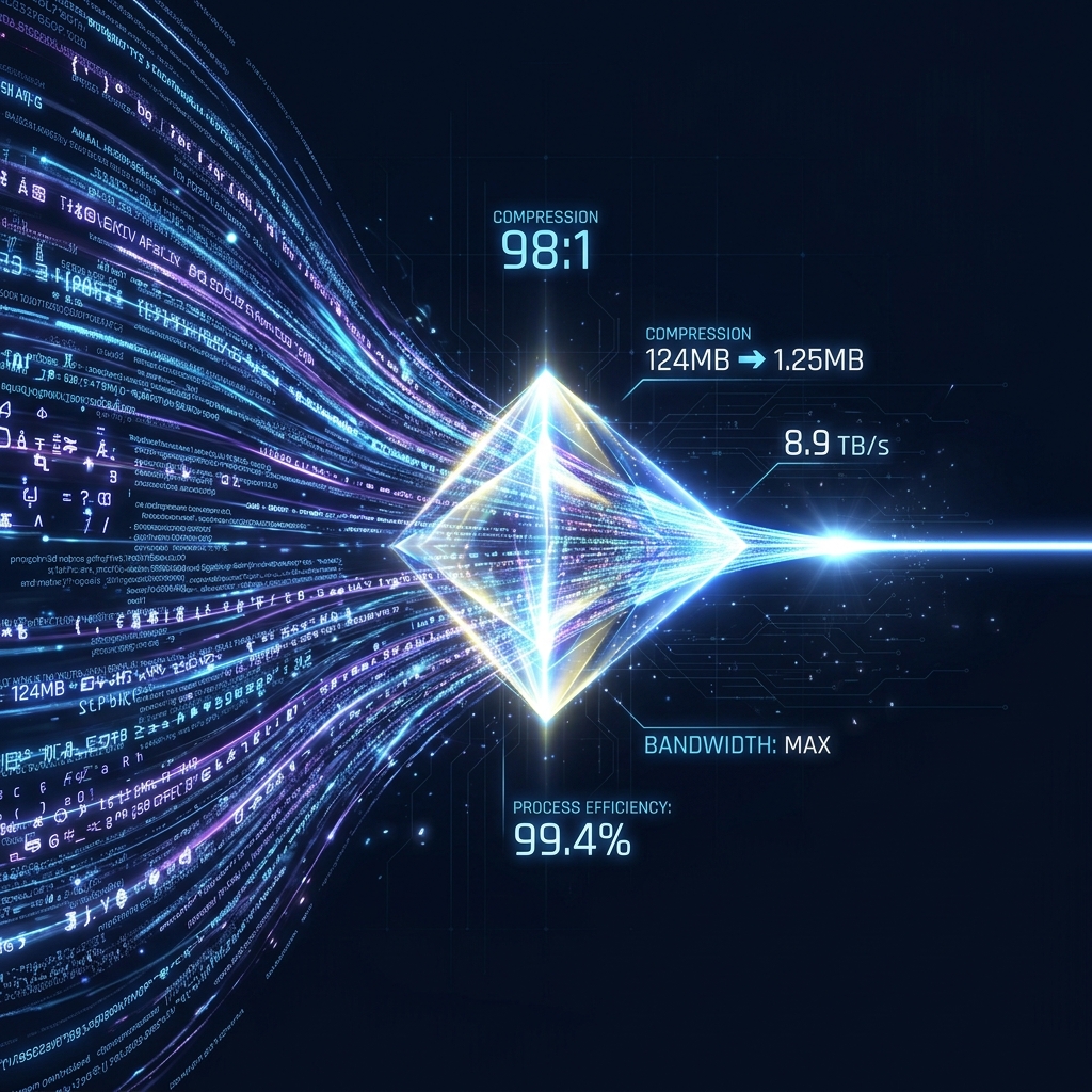 STENO Compression â€” data stream compressed through a diamond funnel to pure light